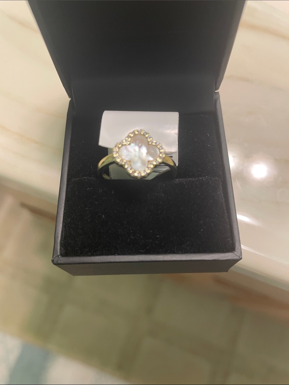 Gold Mother-of-Pearl Clover Ring with Pavé Accents